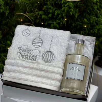 Kit Toalha de lavabo Feliz Natal Prata Com Sabonete